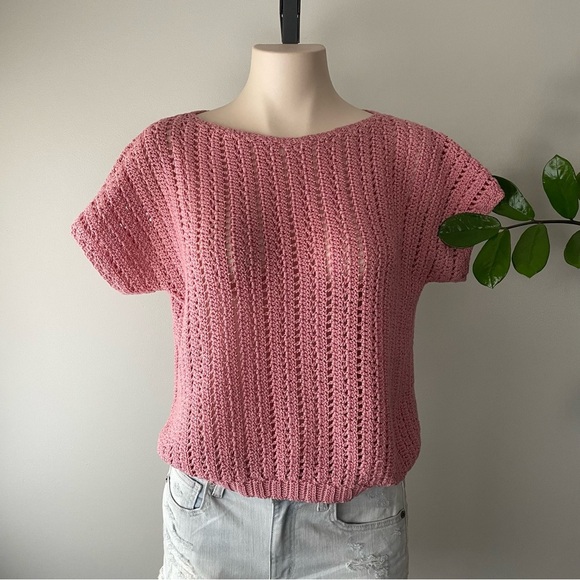 Vintage Hand Made Short Sleeve Crochet Knit Sweater Pink Size Large - Picture 1 of 4